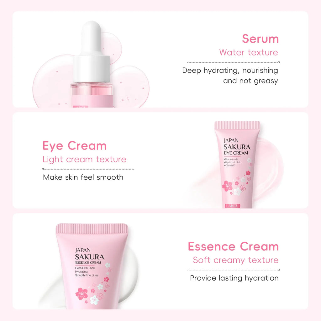 LAIKOU Sakura 3-Piece Skincare Set – Serum, Eye Cream & Essence Skincare Gift Set HIP