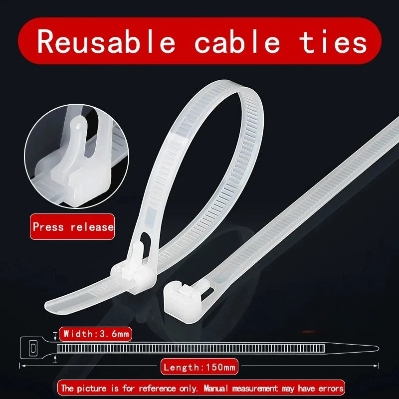 100-Pack Reusable Nylon Cable Zip Ties – Self-Locking Reusable Cable Ties HIP C649-White-100pcs