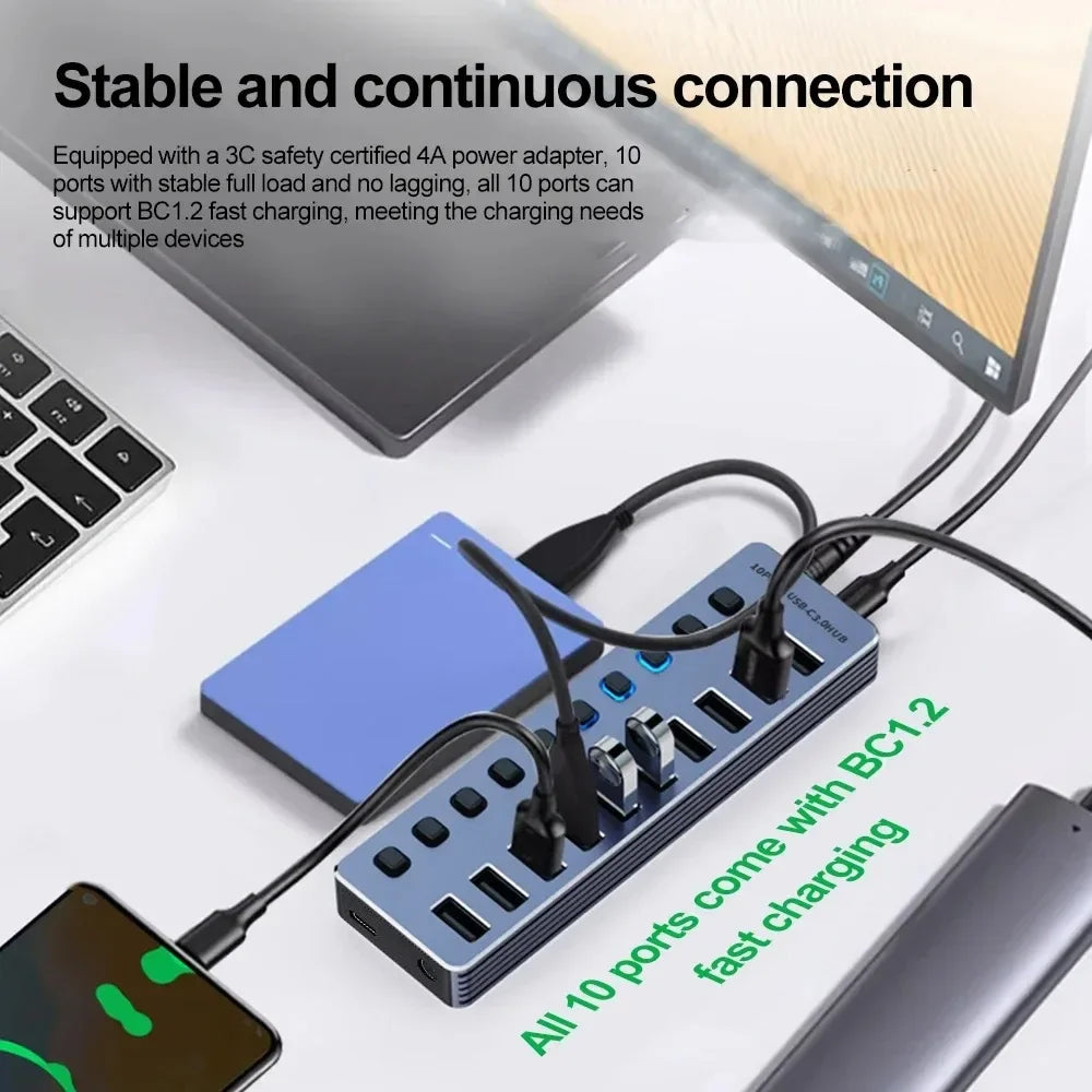 KEBIDUMEI 10-Port USB 3.0 Hub | 5Gbps & Independent Switches USB 3.0 Hub HIP