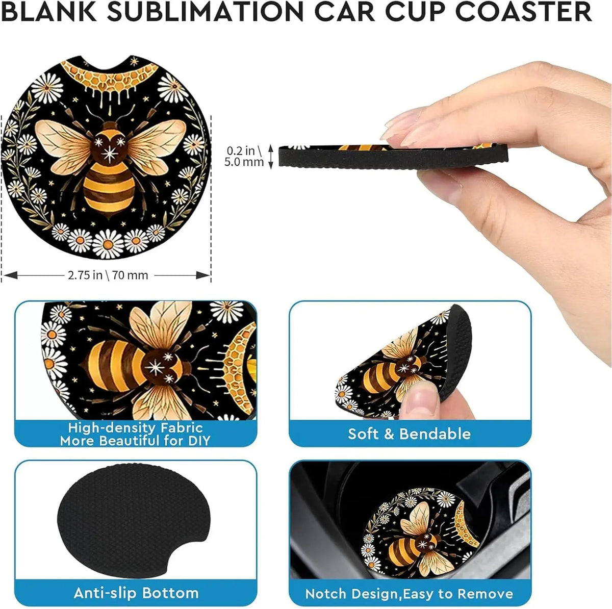 2-Pack Bee Ceramic Car Cup Holder Coasters – 2.75" Anti-Slip Car Cup Holder Coaster HIP