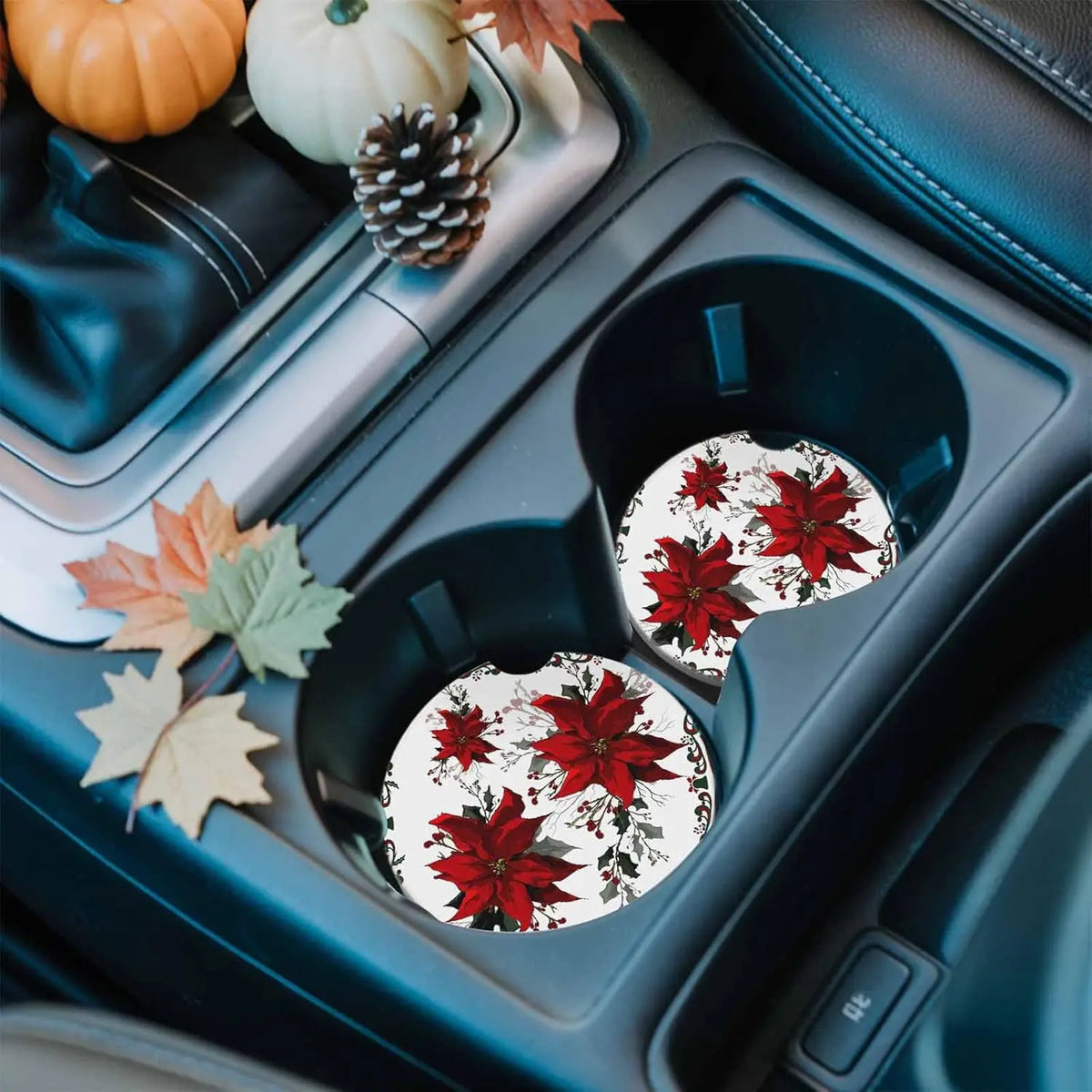 Christmas Poinsettia Ceramic Car Cup Coasters Set of 2 – 2.56" Car Cup Coasters HIP