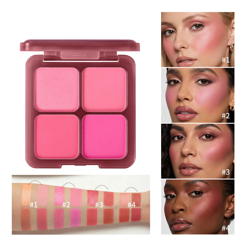 4 Shades Blush Palette Matte Shimmer Dual Texture Rich Pigment Long Lasting Soft Blur Compact Blush Daily Cheek Face Makeup HIP