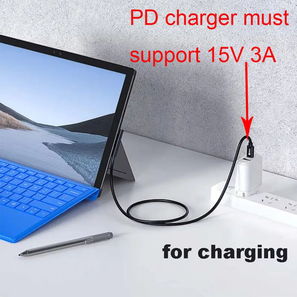 15V 3A USB-C Charging Cable for Microsoft Surface Pro 3–7 & Go Laptop Charging Cable HIP