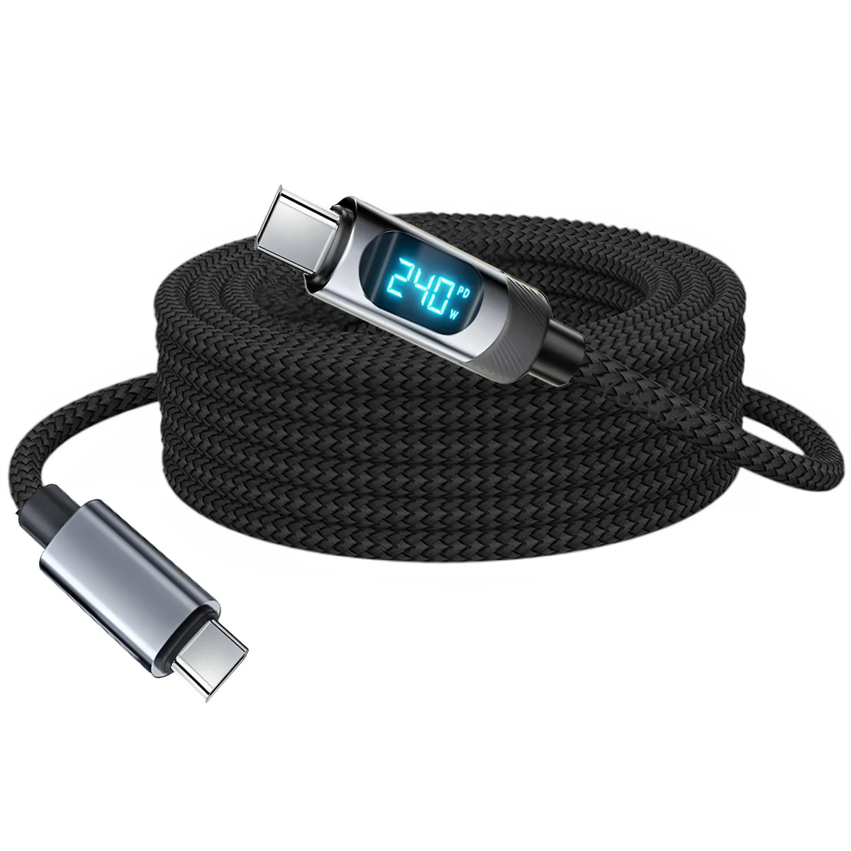 240W USB-C Braided Cable with LED Display | Fast Charge USB-C Charging Cable HIP Black