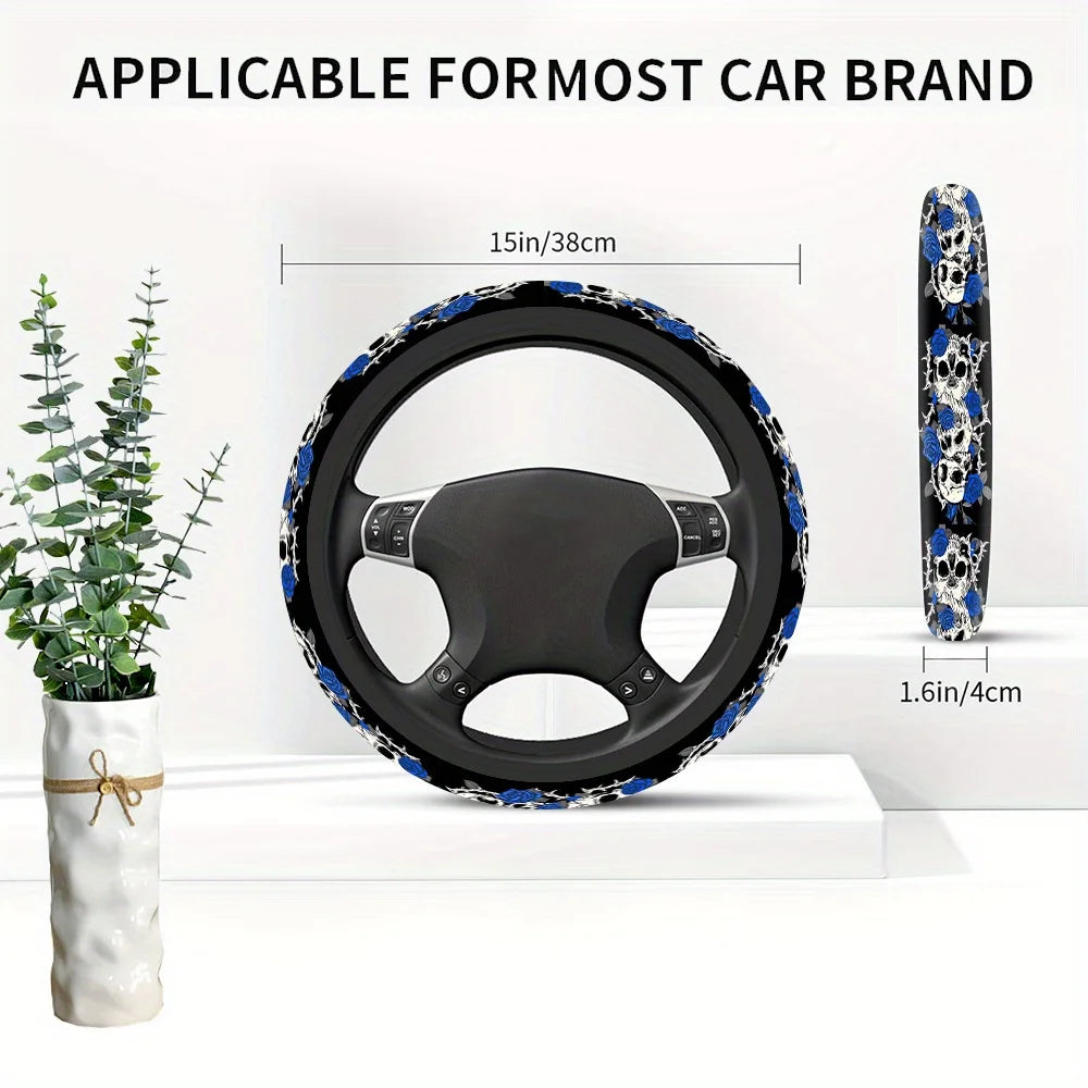 Gothic Skull & Blue Rose Steering Wheel Cover – Non-Slip Steering Wheel Cover HIP