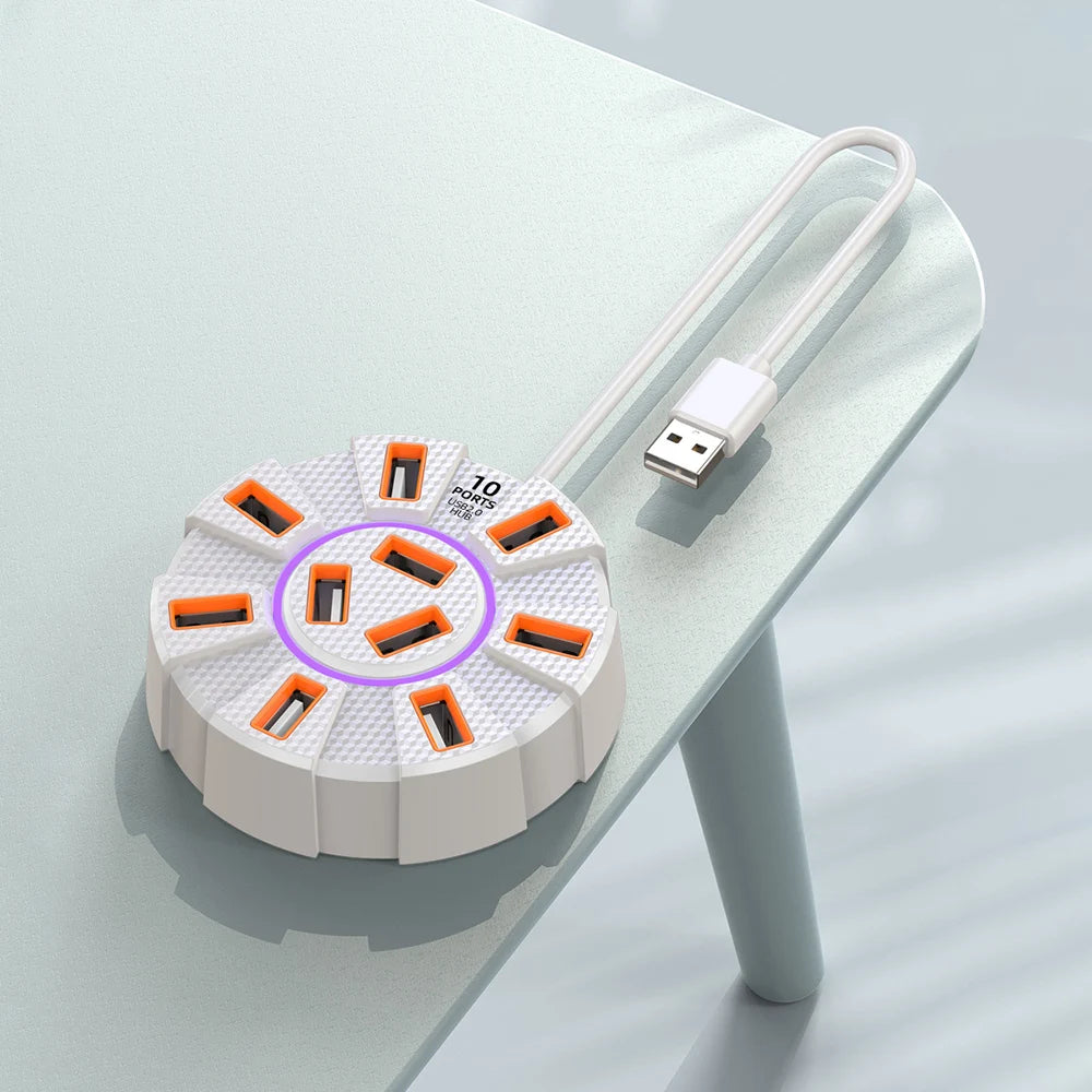 10-Port USB 2.0 Hub RGB Backlight 1.2m Cable | OULLX USB Hub HIP White 1.2m