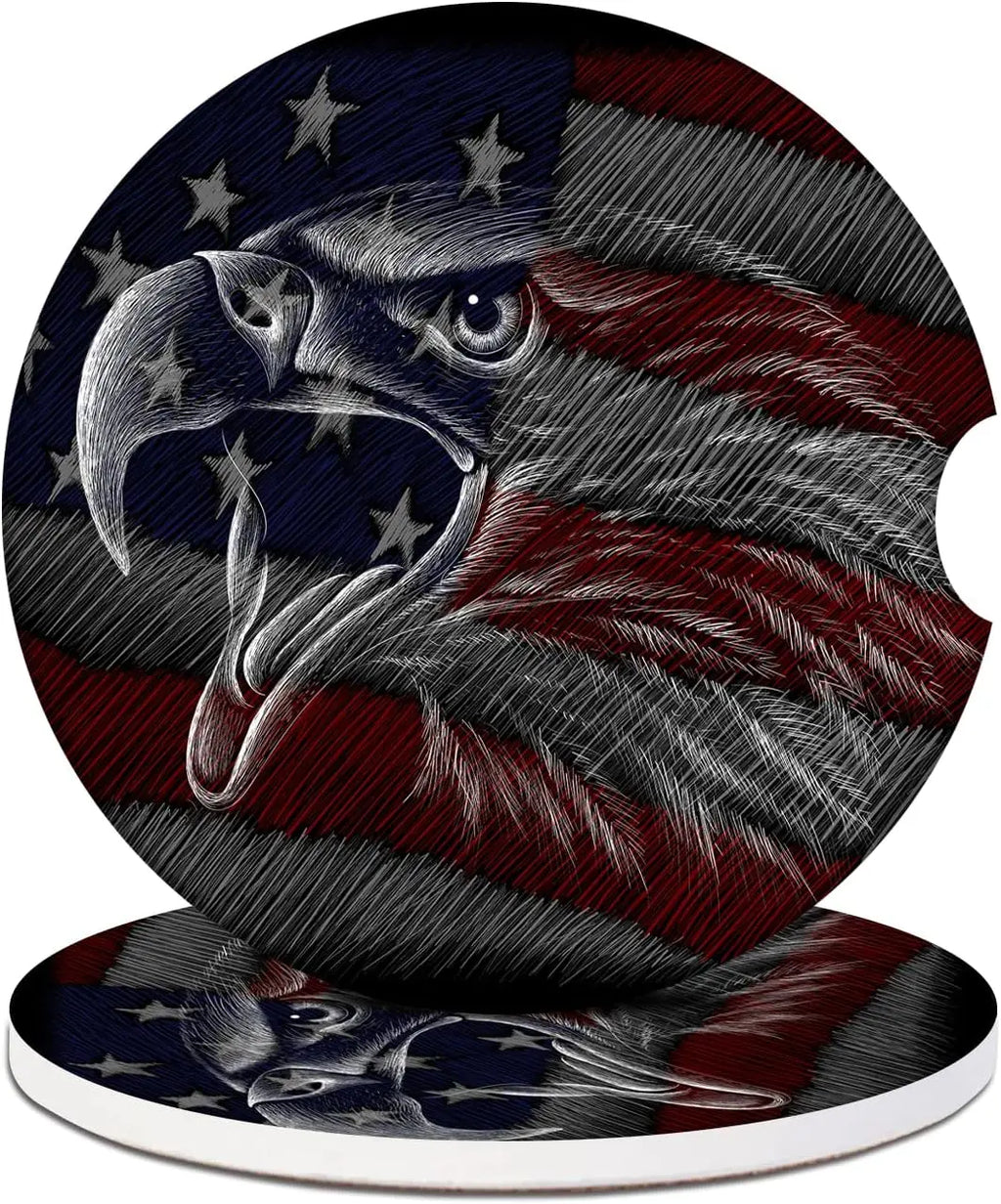 American Flag Eagle Ceramic Car Cup Holder Coasters – Set of 2 Car Cup Holder Coaster HIP 1 Ceramic Cork