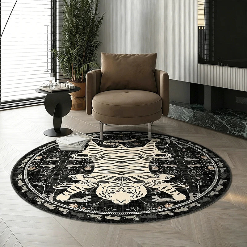 Retro Black & White Tiger Round Rug – Non-Slip, Washable Round Area Rug HIP