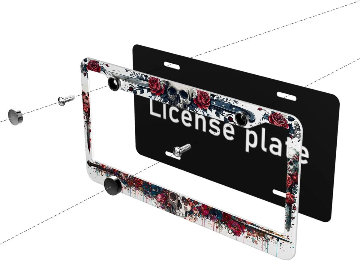 Skull & Rose Stainless Steel License Plate Frame – Gothic Car License Plate Frame HIP
