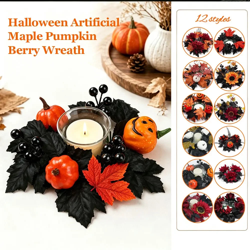Spooky Home Decor Gothic Halloween Wreath Leaves Red Berries Pumpkin Pinecone Candle Holder For Mantel Fireplace Front Door HIP