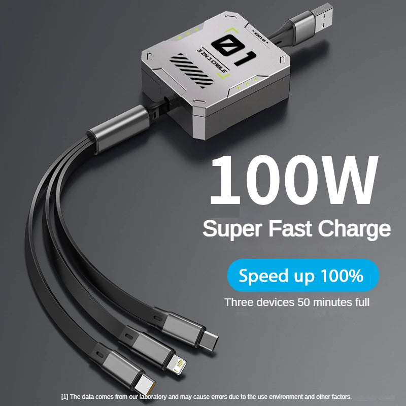 3 in 1 Multi Retractable USB Phone 100W Fast Charging and Data Cable for Lightning/Android/Type-C Devices HIP