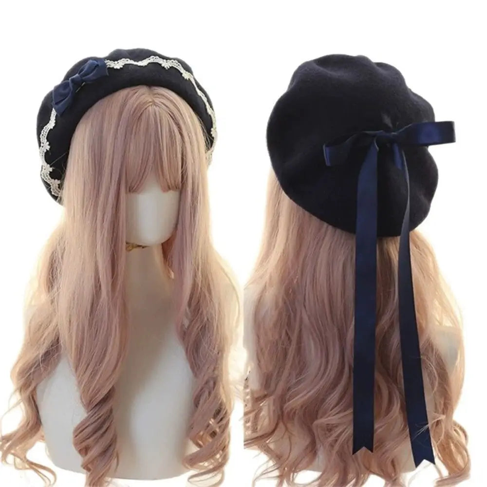 Japanese Lolita Wool Beret with Lace Bow – Winter Hat Winter Beret Hat HIP