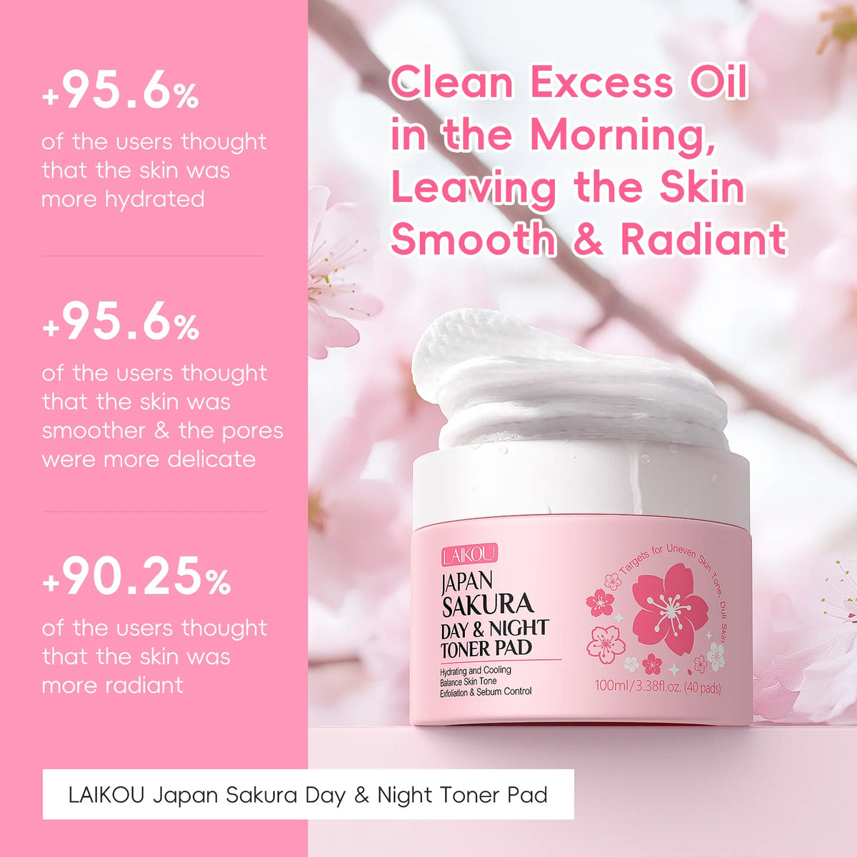 LAIKOU Sakura Toner Pads 40ct – Hydrate, Cleanse & Brighten Facial Toner Pads HIP