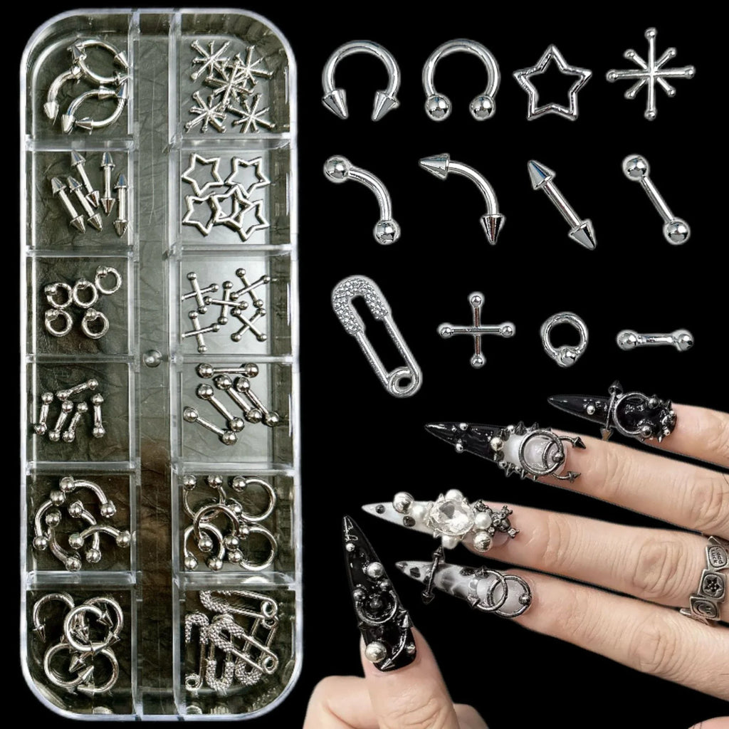 12 Grids Goth Punk Nail Charms Studs Y2K Piercing Designs Metallic Silvery Nails Art Rivets 3D Stars Alloy Nail Art Decorations HIP