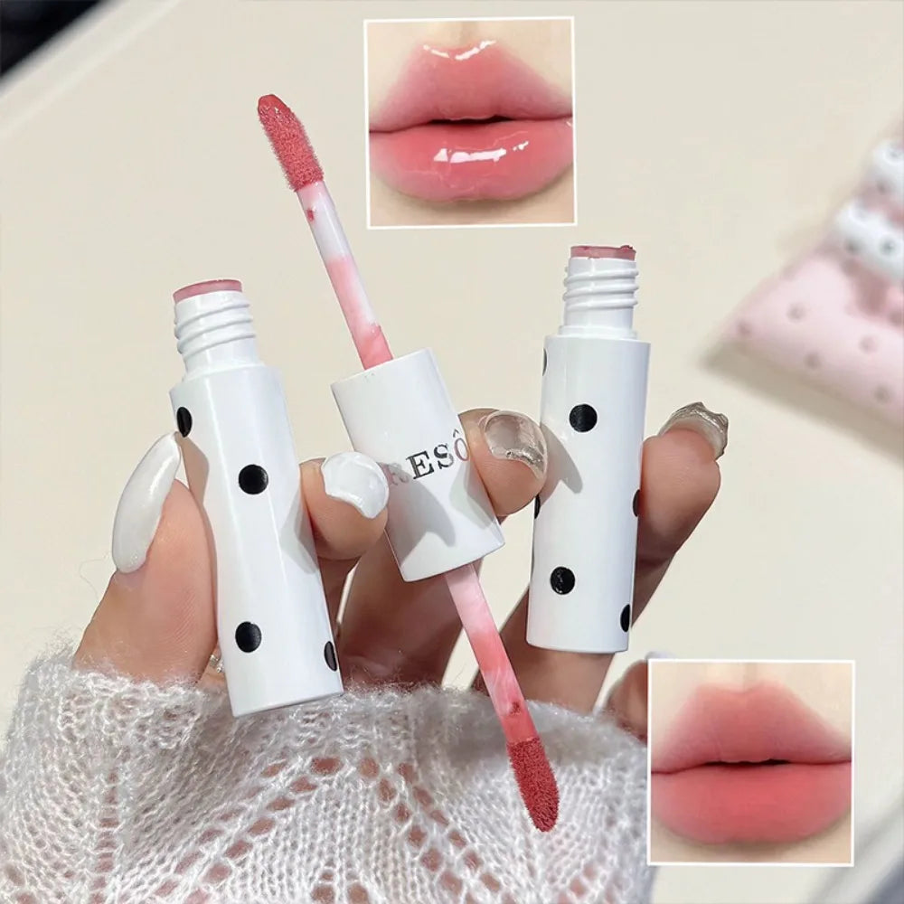 Polka Dot Dual End Water Light Lip Gloss Mirror Glass Lip Glaze Moisturizing Matte Velvet Lip Mud Korean Bean Paste Lips Makeup HIP