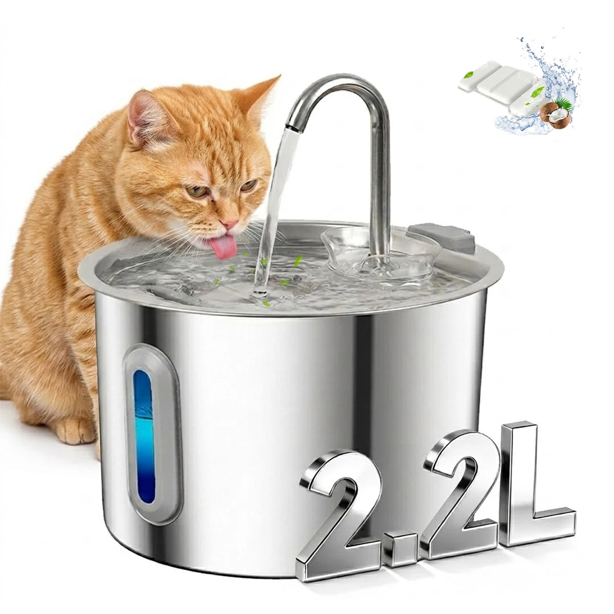 2.2L Stainless Steel Cat Water Fountain,Pet Water Dispenser With Filter,Dog Drinking Fountain For Cats,Ultra Quiet Water Pump HIP