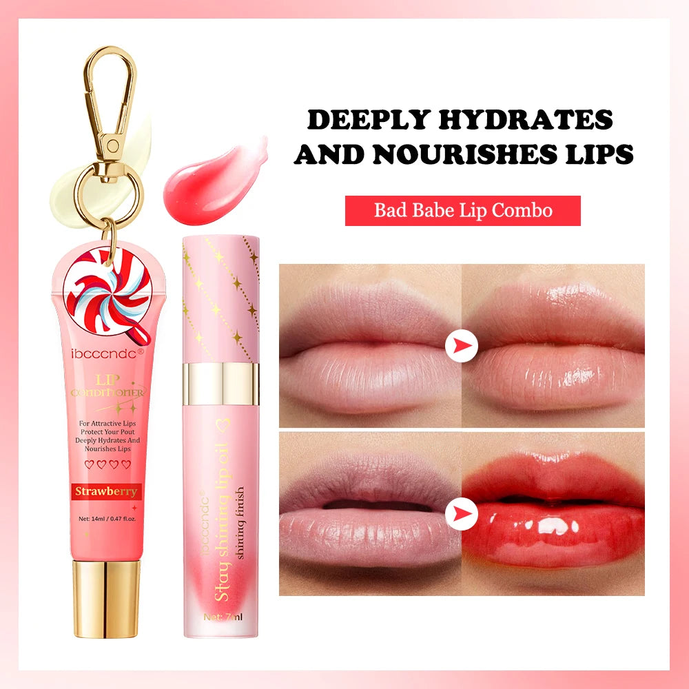 Lip Oil and Lip Stain Set Strawberry Flavor Watery Glossy Clear Lip Gel Hydrating Moisturizing Lip Gloss Women Lips Cosmetic Mak HIP