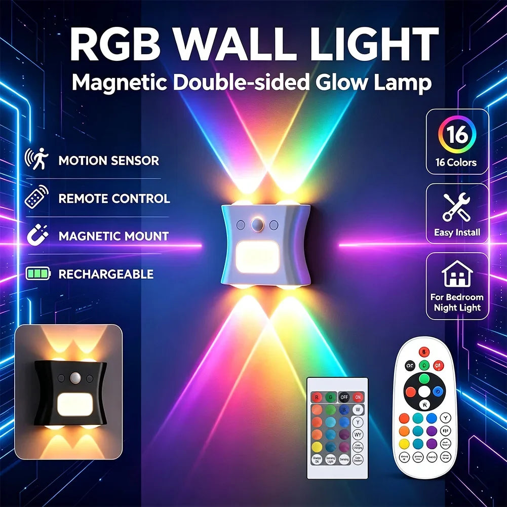 Magnetic Rechargeable RGB Smart Wall Lamp 1200Mah Dimmable Atmosphere Night Light With Remote & Motion Sensor For Bedroom HIP