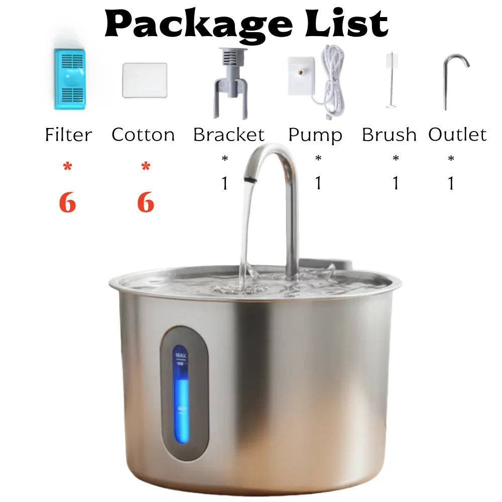 Pet Water Fountain for Cats 74oz/2.2L Stainless Steel Indoor Drinking Dispenser Free Standing Cat Water Fountain with Filter HIP with 6P Filter