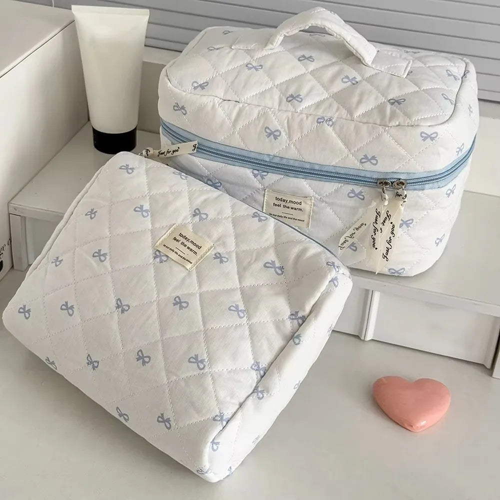 Blue Bow Cotton Makeup Bag Set – 3-Piece Travel Cosmetic Pouch Cosmetic Bag Set HIP