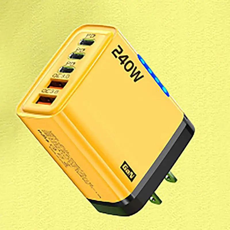 240W GaN 5-Port USB-C Fast Charger | PD & QC 3.0 Adapter GaN Wall Charger HIP Yellow US