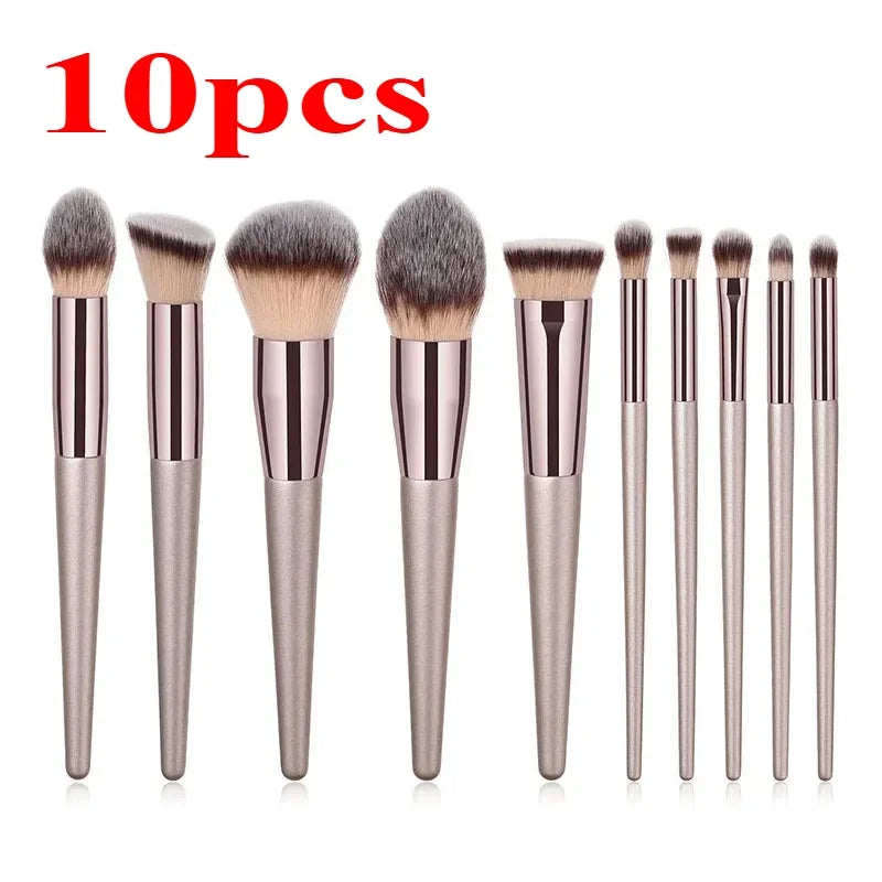 10-Pc Champagne Gold Vegan Makeup Brush Set | Full Face Kit Makeup Brush Set HIP C713-Glod 10pcs