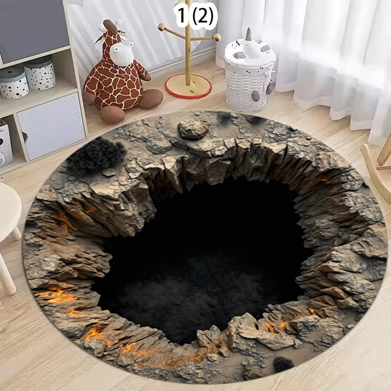 2D Cave Illusion Round Rug – Optical Illusion Rock Pit Floor Mat Novelty Round Rug HIP 3 120X120CM
