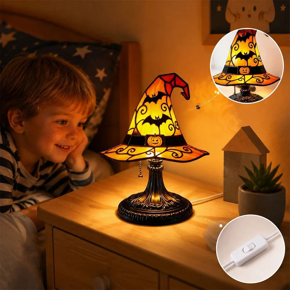Gothic Desktop Ornament USB Powered Stained Glass Witch Hat Resin Night Light For Bedroom Halloween Party Living Room Home Decor HIP