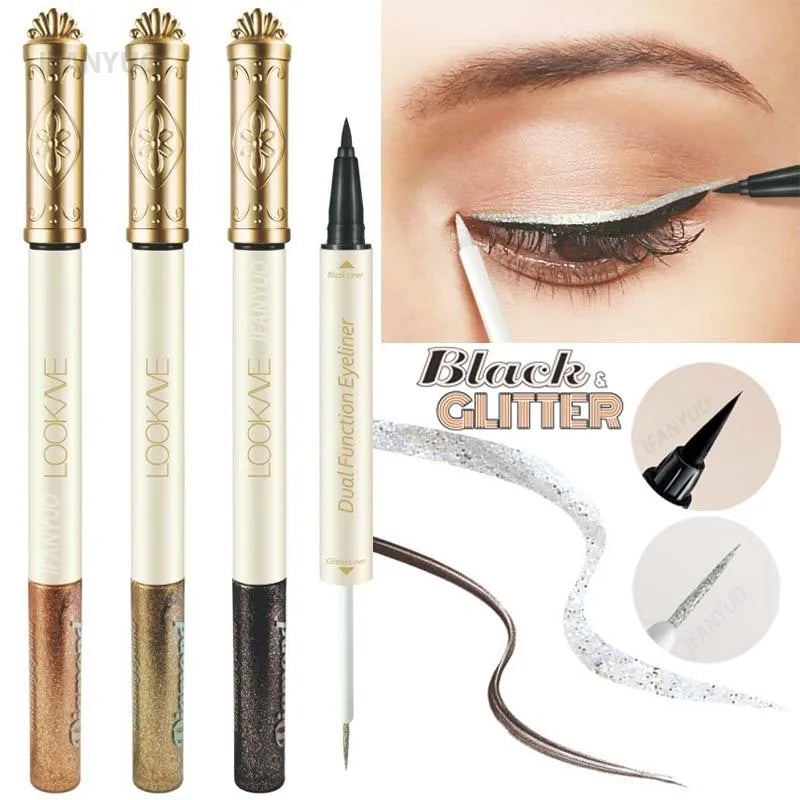 Dual Eyeliner Wand Pearlescent Diamond Eye Shadow Liquid Sequins Smooth Mini Fine Brush Black Silver Gold Glitter Eye Pigment HIP