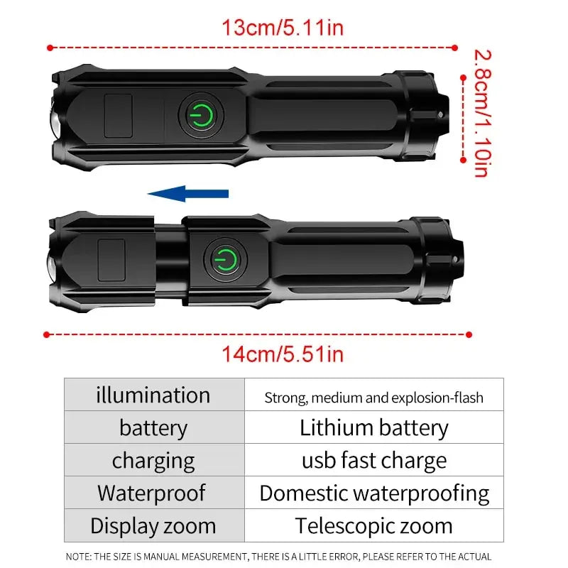 Portable USB Rechargeable Zoomable LED Flashlight | 500LM LED Tactical Flashlight HIP