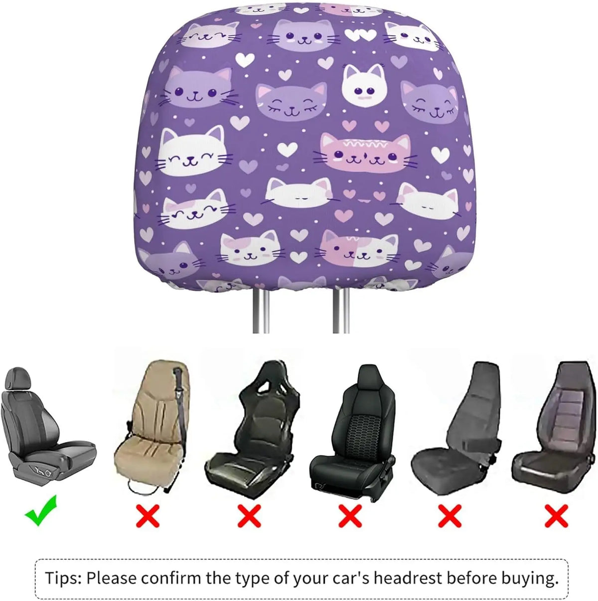 Purple Kawaii Cat Car Headrest Covers – 2 Pack Universal Fit Car Headrest Covers HIP