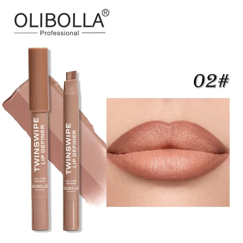Cinnamon Lipstick Carving Matte 2 in 1 Dual Color Velvet Slanted Lip Liner Pencil Waterproof Long Lasting Women Daily Lip Makeup HIP 02