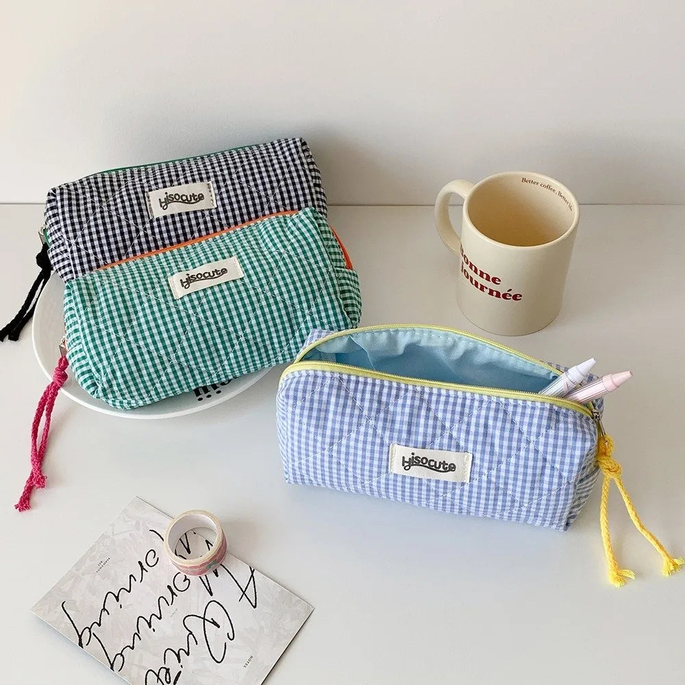 Large Capacity Checkered Pencil Case & Makeup Storage Bag Pencil Case HIP