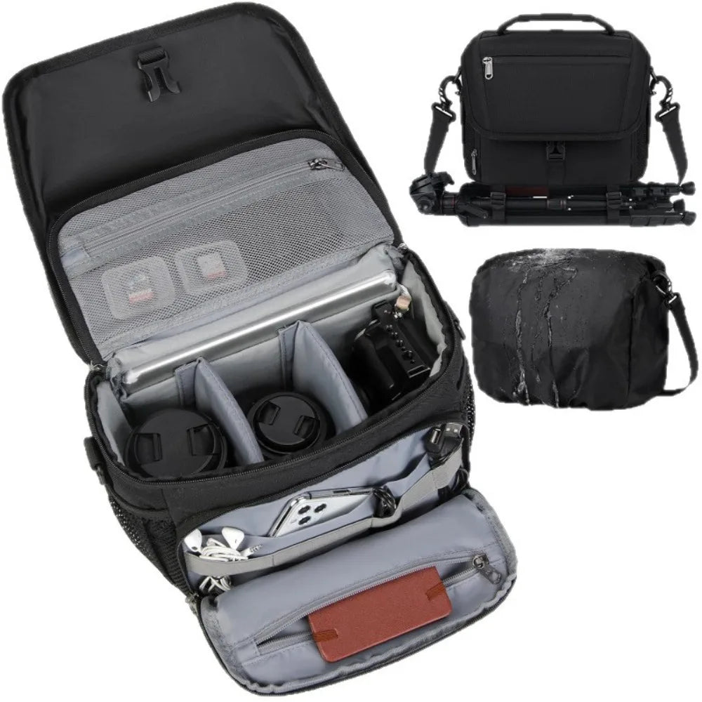 Canvas DSLR Camera Bag with Tripod Holder & Rain Cover Camera Shoulder Bag HIP Black
