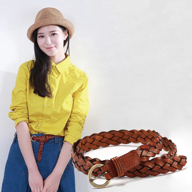 Women's Faux Leather Braided Belt | Gold Round Buckle Women's Fashion Belt HIP