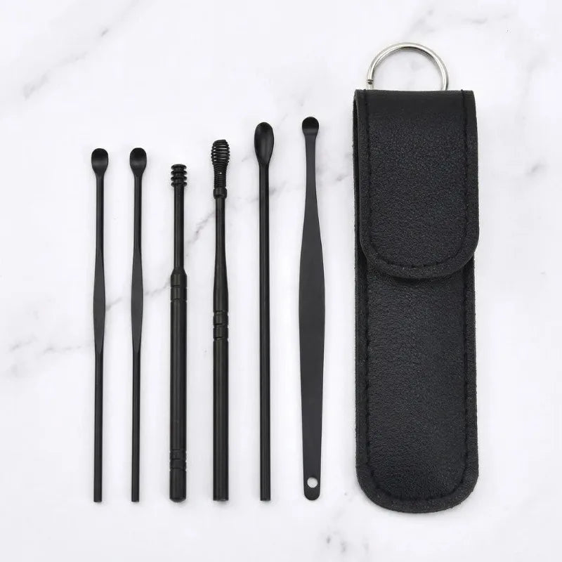 6-Piece Stainless Steel Ear Cleaning Kit with Carrying Case Ear Cleaning Kit HIP C806-Black-1pcs