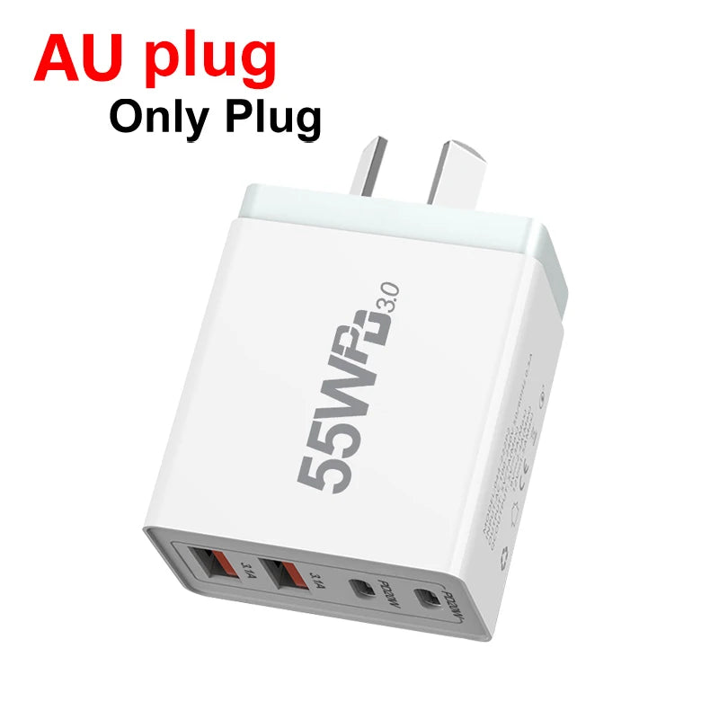 55W USB-C PD 20W Fast Wall Charger – EU/US/UK/AU Plug USB Wall Charger HIP AU plug--55W