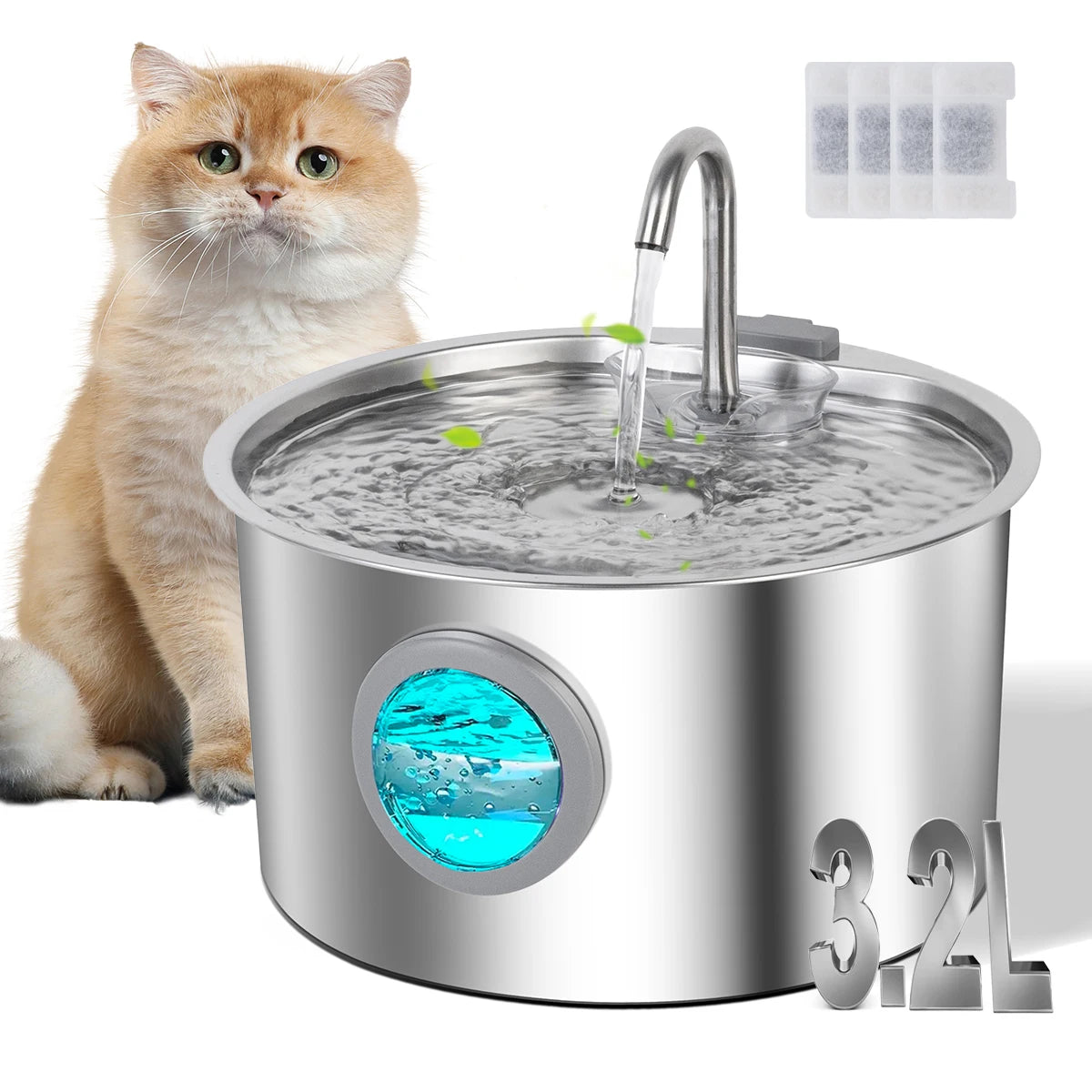 3.2L Stainless Steel Cat Water Fountain: Ultra Quiet USB Pet Drinking Dispenser with Water Window for Dogs & Cats HIP