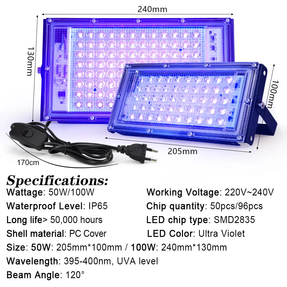 YNL UV LED Floodlight 50W/100W Blacklight 395nm 400nm UV LED Floodlight HIP