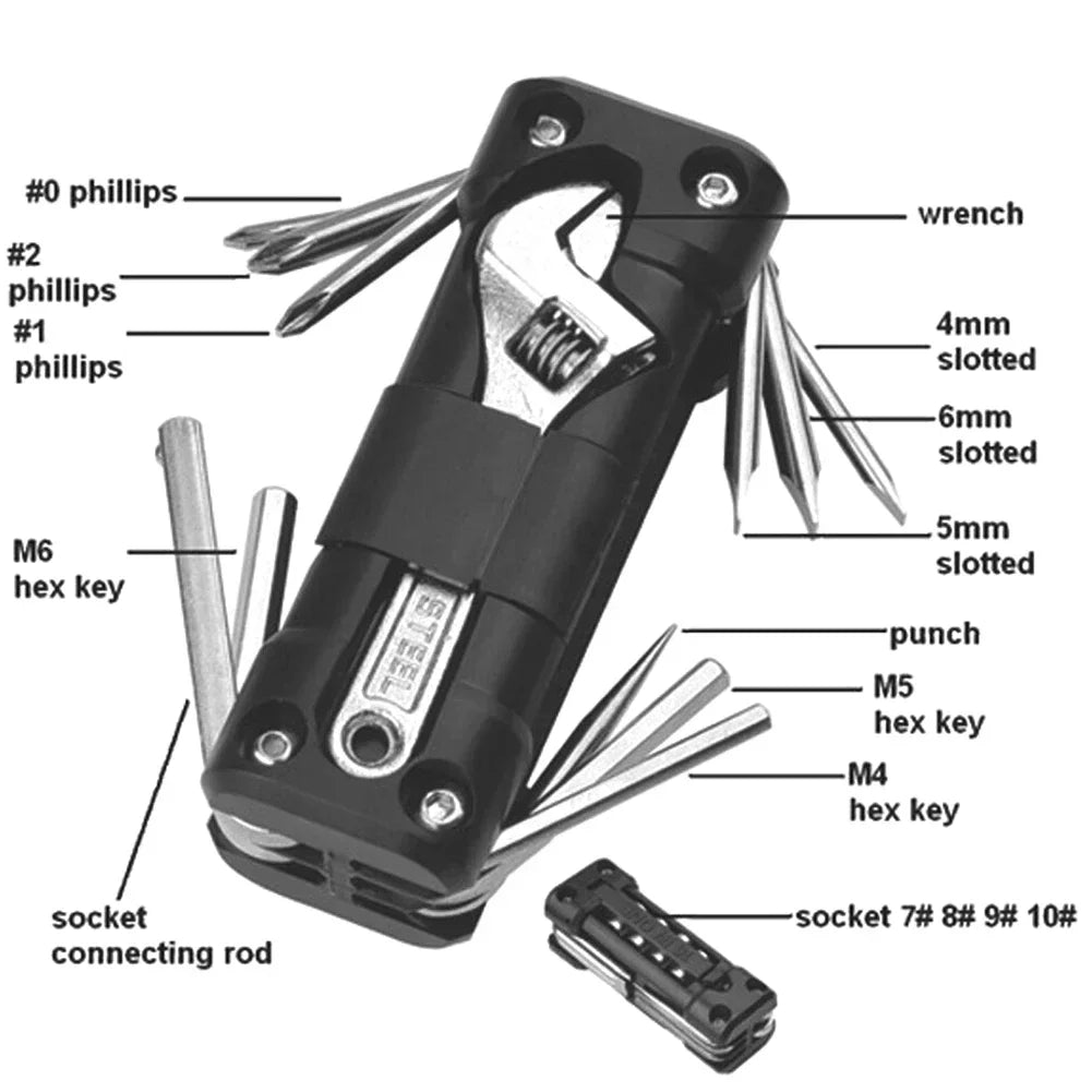 16 in1 Motorcycle Multifunction Tool Kit Multitool Tire Repair Tool Set with Screwdriver Chain MTB Road Cycling Motorcycle Tools HIP