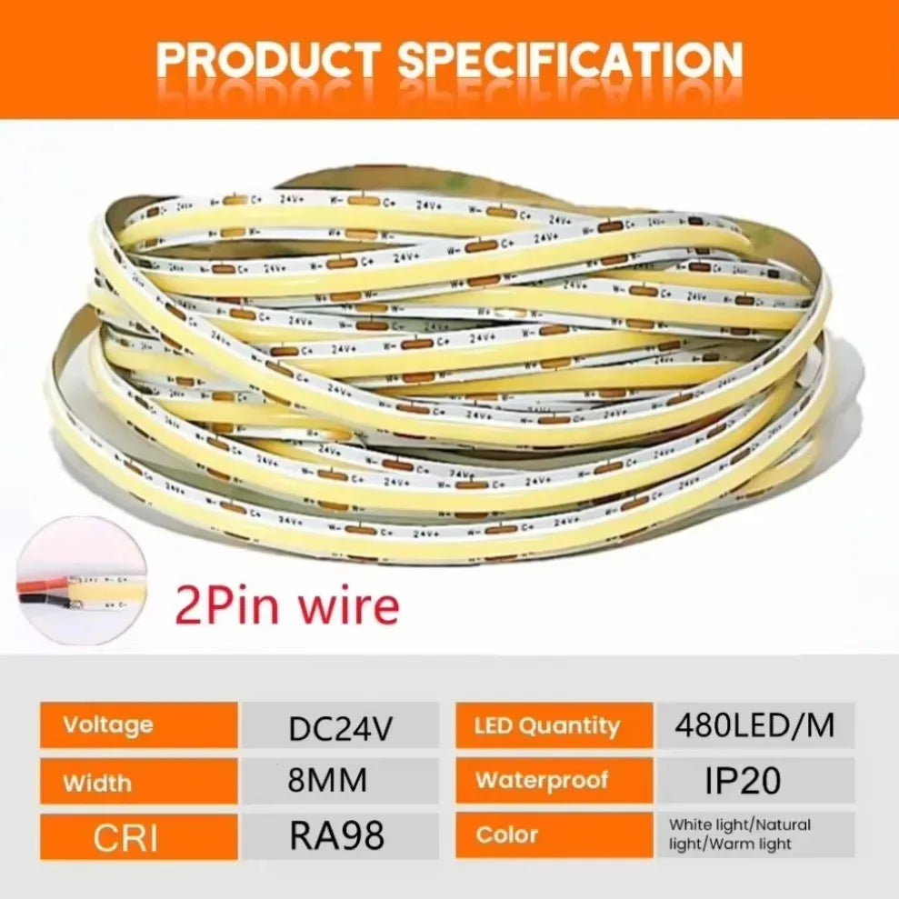 COB LED Strip Light DC24V 480 LEDs/m RA98 Dimmable 3000K–6000K COB LED Strip Light HIP