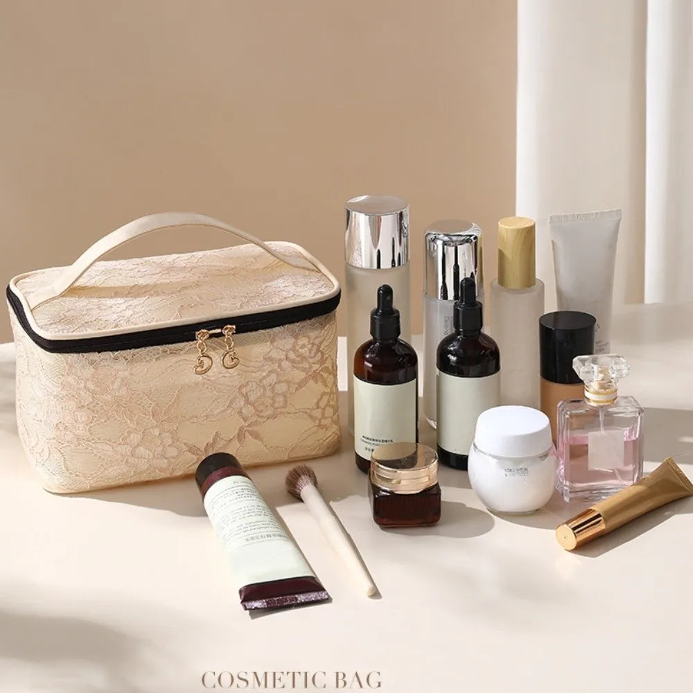 Elegant Lace Floral Makeup Bag – Large Travel Cosmetic Pouch Cosmetic Travel Bag HIP