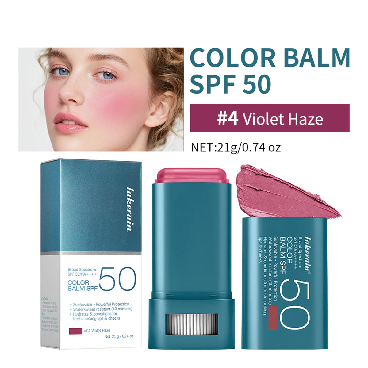 SPF 50 Sun Color Blush Balm Lip & Cheek Tint Hydrating Water Resistant Long Lasting Buildable Blush Natural Makeup HIP 04 Violet Haze