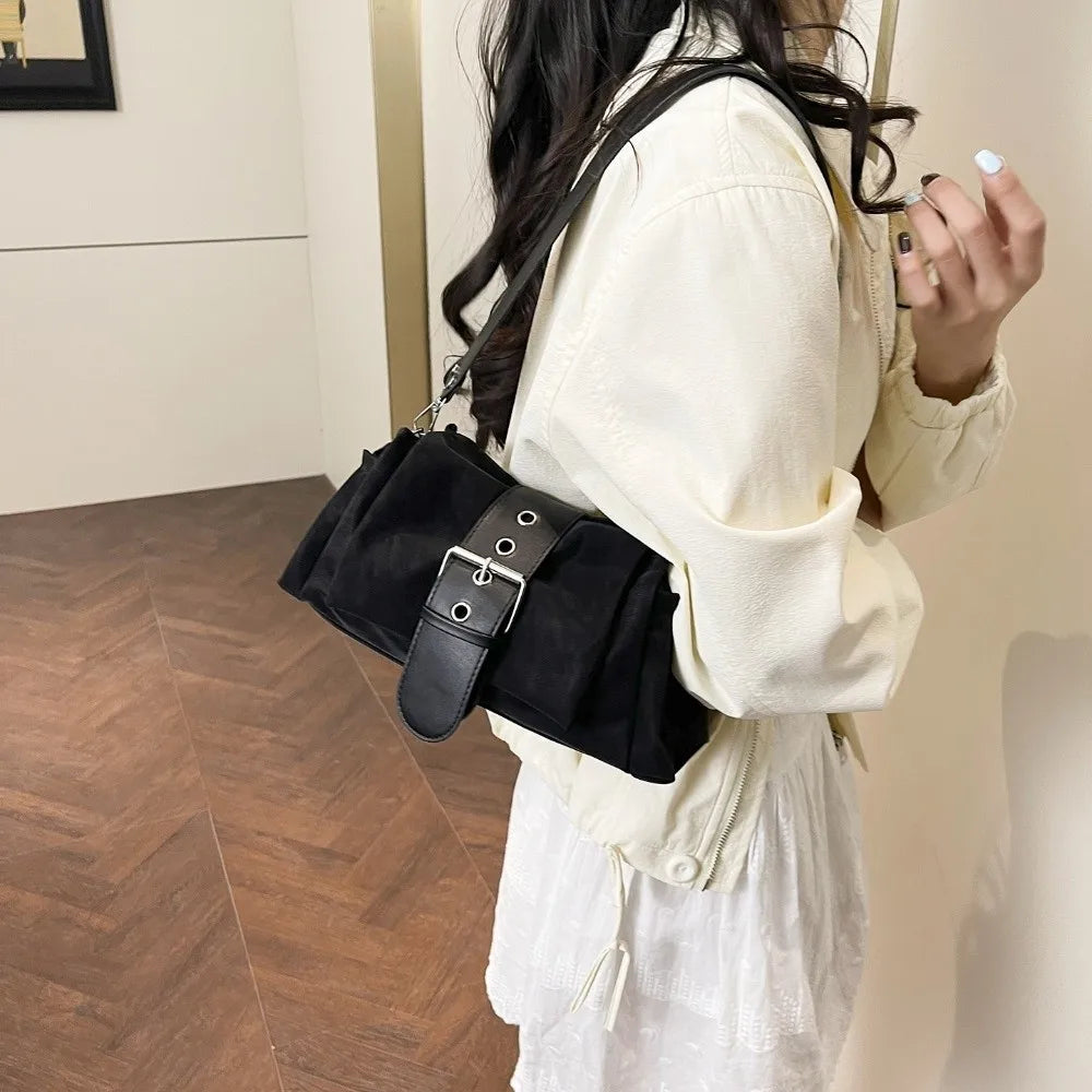 Y2K Faux Suede Wide Strap Shoulder Bag – Large Tote Women's Shoulder Bag HIP