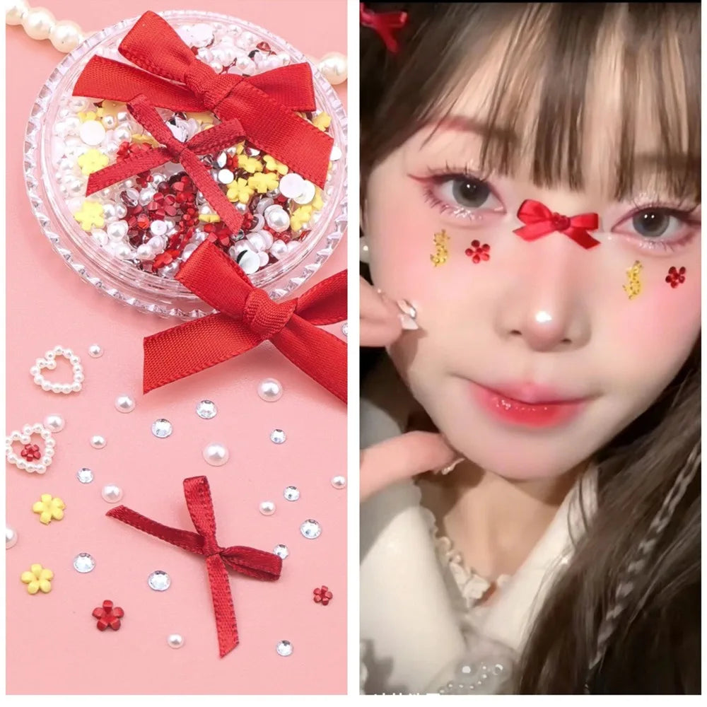 1 Box Sweet Face Jewelry Decoration Rhinestone 3D Bow Love Crystal Diamond Pearl Safe Nail Hair Accessories Festival Face Makeup HIP 161