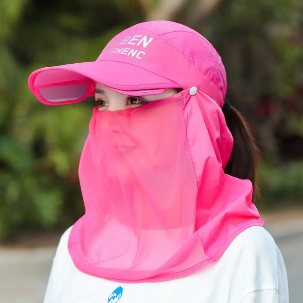 Women's UV Ice Silk Full Face Sun Cap – Breathable Outdoor Hat UV Protection Sun Hat HIP rose red