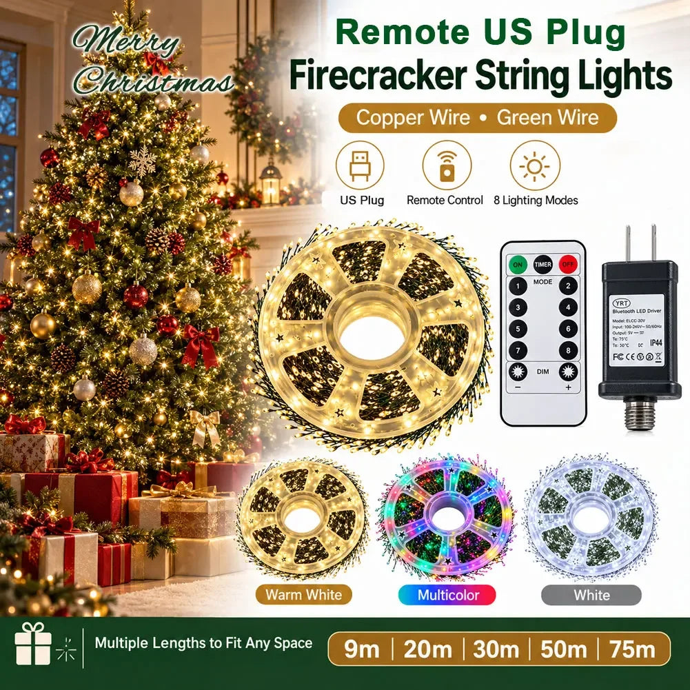 LED Copper Wire Firecracker String Lights 9M/20M/30M/50M/75M Green Wire With Remote EU/US Plug Christmas Decoration HIP