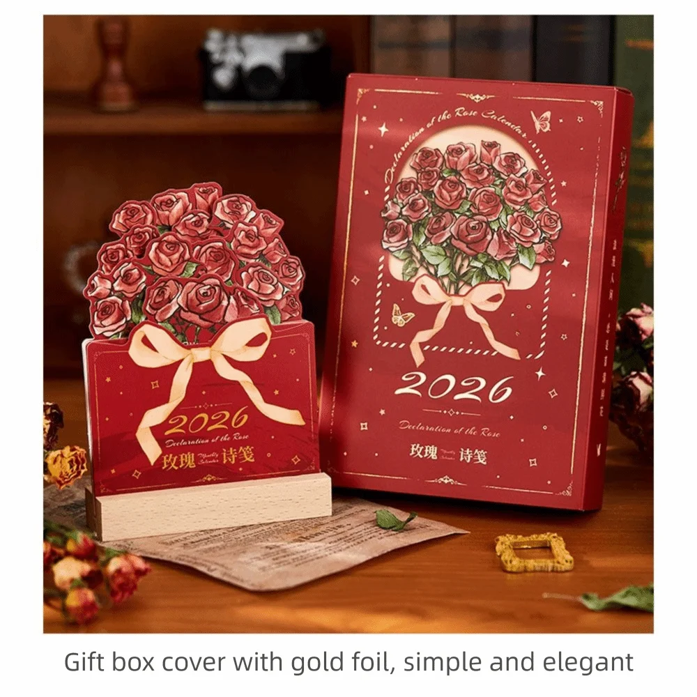 2026 Mini Desk Calendar – Rose Floral Design & Wooden Base Mini Desk Calendar HIP