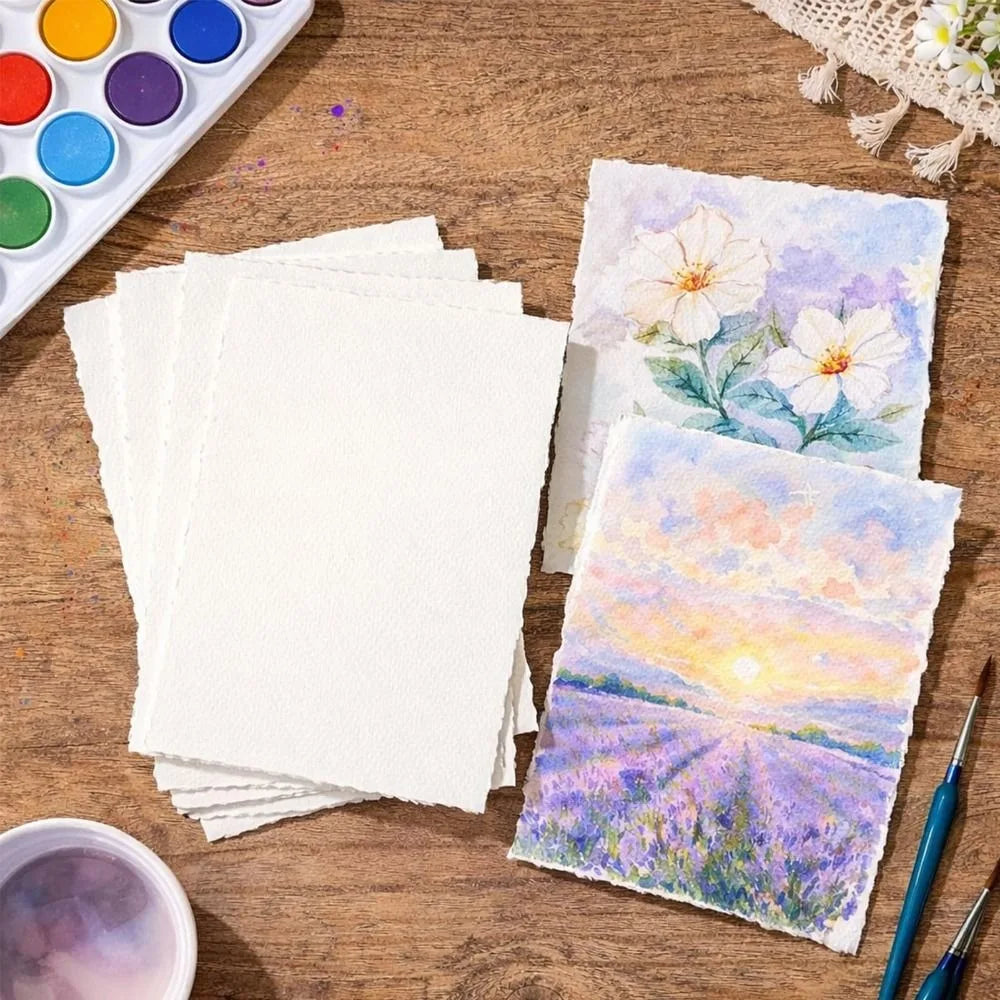20-Sheet Handmade Cotton Watercolor Paper – Deckled Edge 4x6" Watercolor Paper HIP