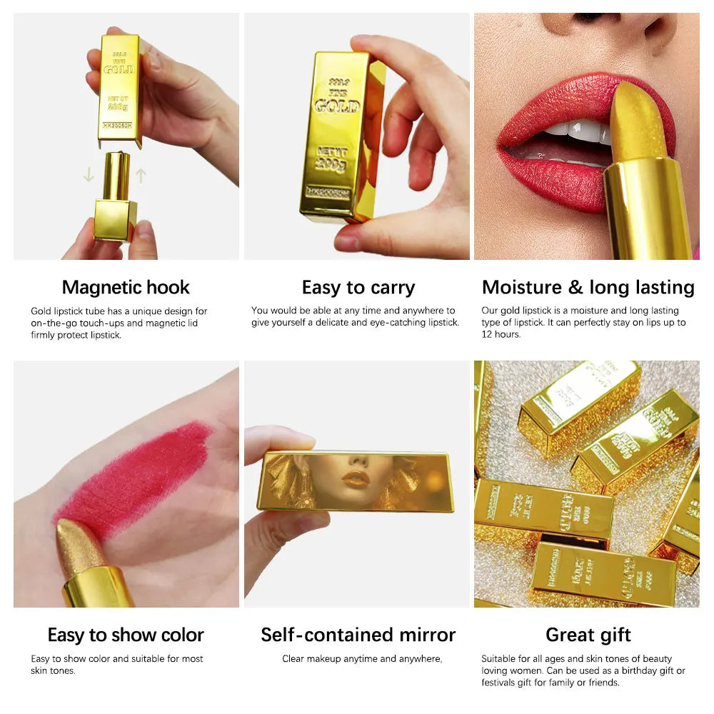 6pcs Matt Lipstick Set Gold Brick Matte Red Pink Waterproof Long Lasting Lipsticks Lip Tint Girl Lipsticks for Girls Woman Pack HIP